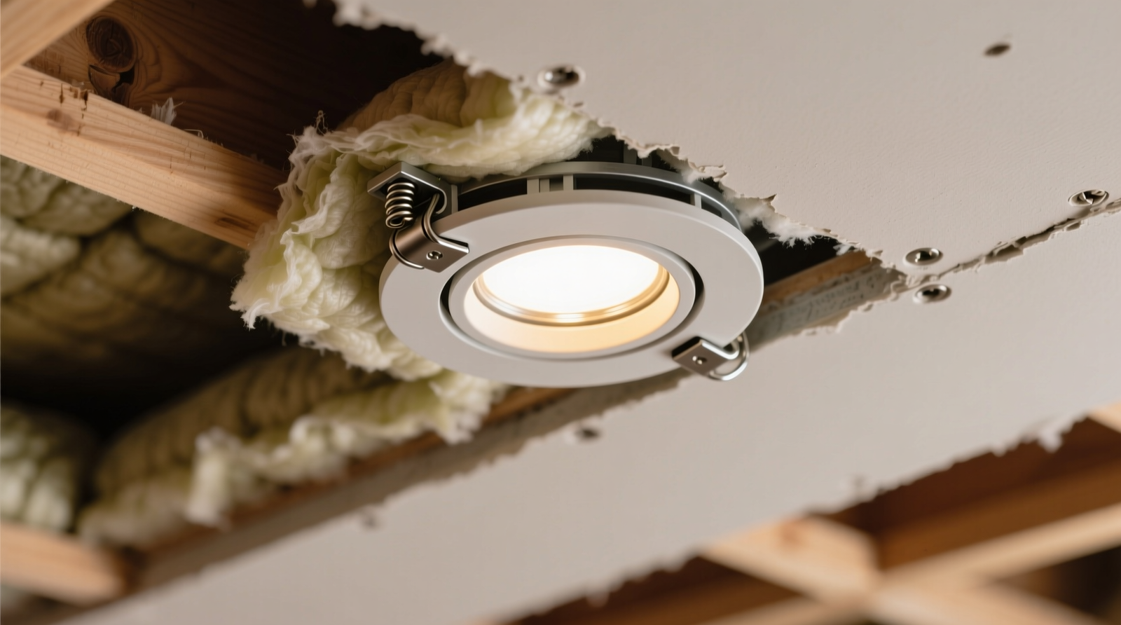Close-up of a spring-loaded LED retrofit housing clipped securely into plasterboard ceiling, with insulation gently parted around the fixture—no screws visible in joist