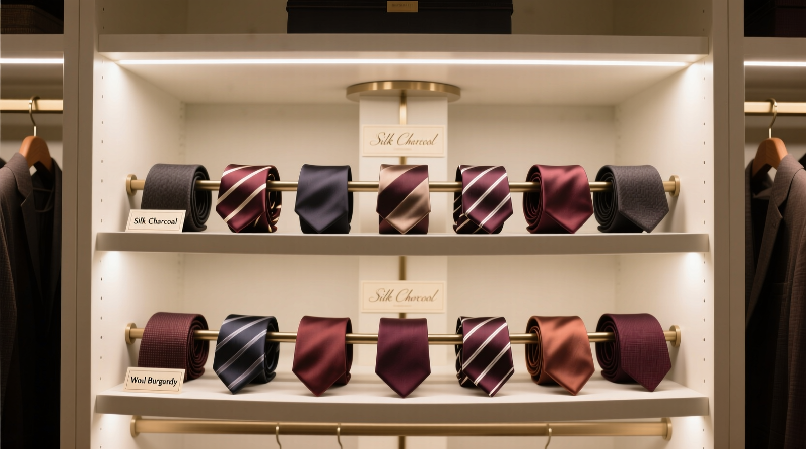 Three-tier rotating tie rack mounted inside a well-lit walk-in closet, showing silk and wool ties evenly spaced on each tier, no overlapping or twisting, with subtle LED strip lighting beneath the top shelf