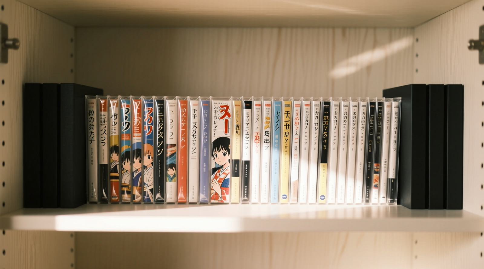 A clean, well-lit closet shelf showing manga volumes stored vertically with visible polypropylene dust covers, rigid bookends at both ends, and consistent 1.5 cm spacing between spines