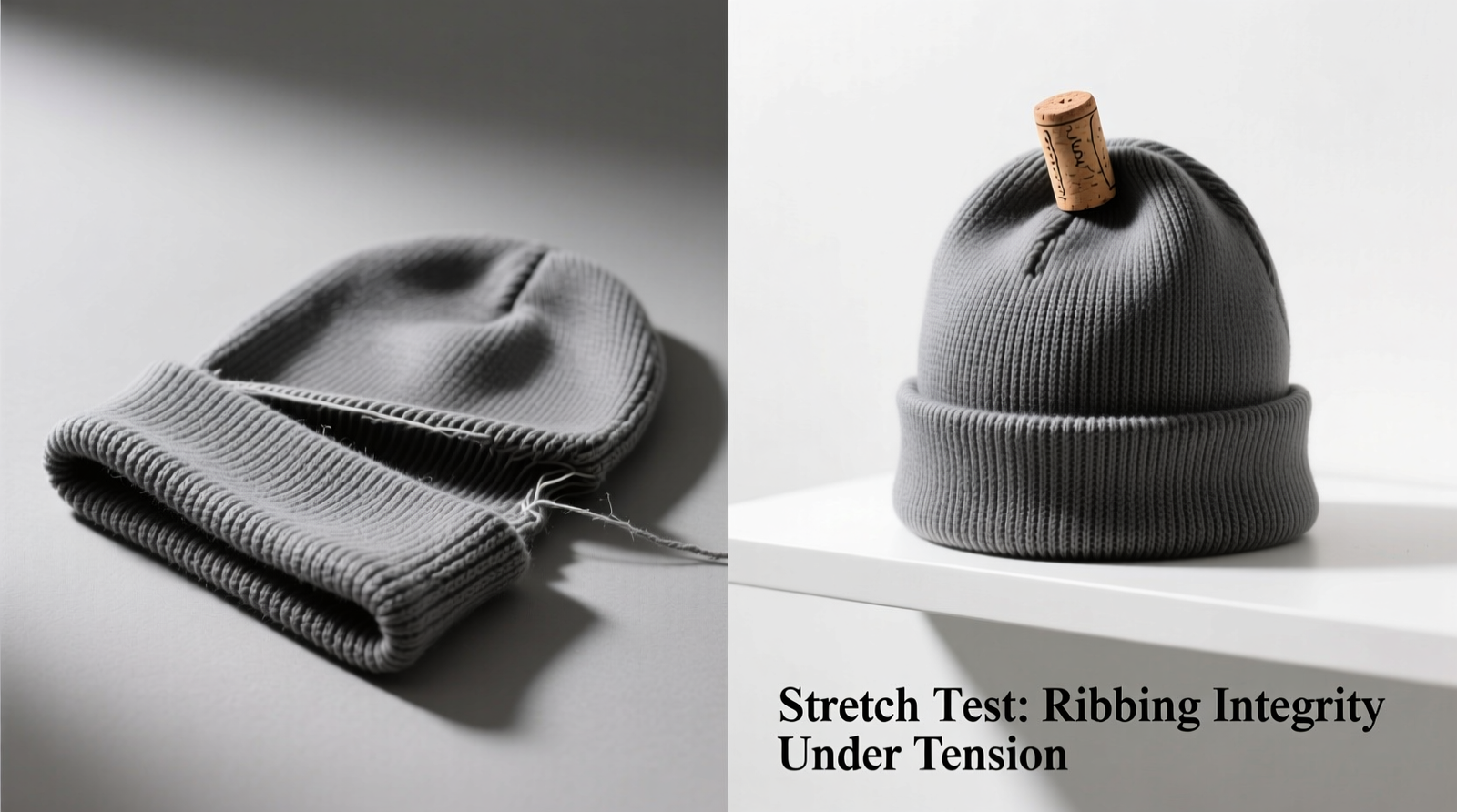 Side-by-side comparison: left shows a stretched beanie cuff lying flat with visible horizontal gaps in ribbing; right shows the same beanie upright on a shelf with a wine cork inserted into the crown, maintaining tight, even rib definition