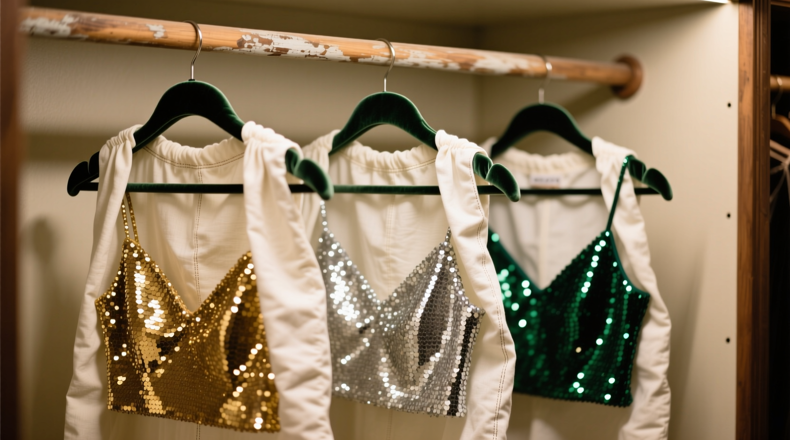 A close-up of three sequined tops individually housed in off-white cotton garment bags, hung on padded hangers spaced evenly on a wooden closet rod, with no adjacent garments visible