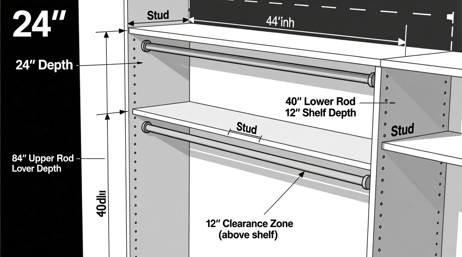 Side-view schematic of a 24-inch-deep closet showing dual hanging rods (upper at 84 inches, lower at 40 inches) with a 12-inch-deep shelf mounted flush above the upper rod, all anchored into wall studs; labeled dimensions and clearance zones