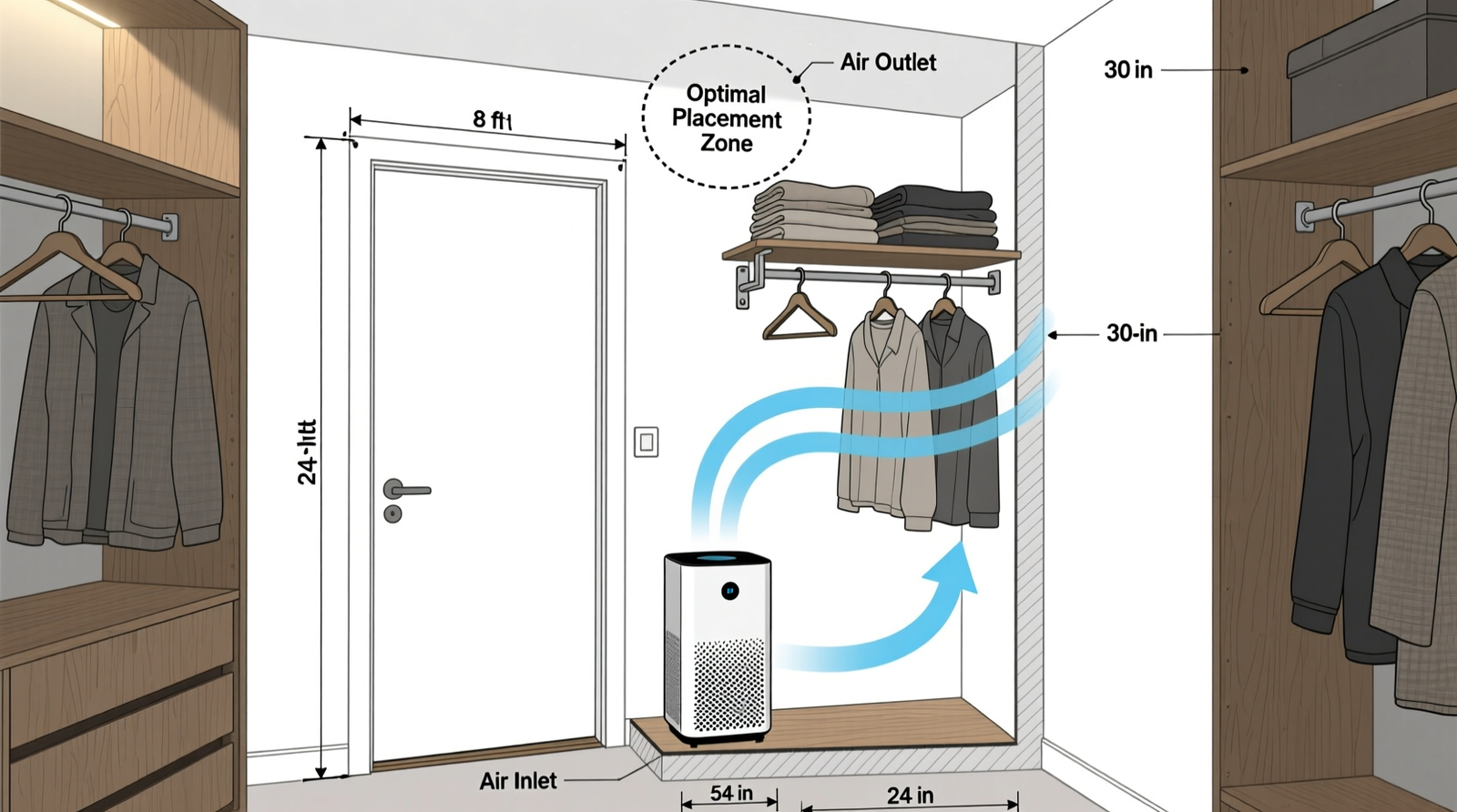 Side-view diagram of a standard reach-in closet showing optimal placement of a compact HEPA air purifier at mid-height, with closet door slightly ajar (2-inch gap), airflow arrows indicating circulation path past hanging garments and shelf-stored folded items