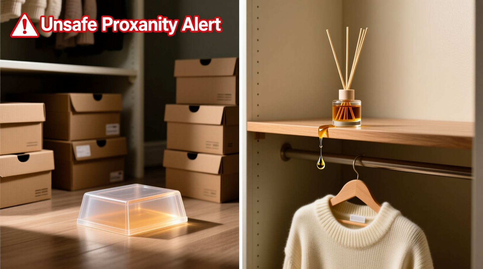 Side-by-side comparison: left shows a gel diffuser resting on a closet floor beside shoeboxes, right shows a reed diffuser precariously balanced on a high shelf directly above a cashmere sweater—illustrating unsafe proximity and gravity-assisted oil drift