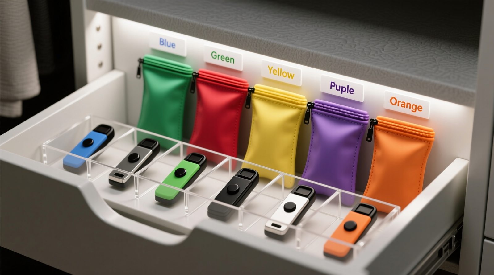 A shallow, well-lit closet drawer showing neatly spaced acrylic dividers holding six silenced clickers (each with a tiny black magnet visible on the back) beside upright, zipped treat pouches in color-coded vertical slots with silicone-lined edges. Labels are crisp and laminated.