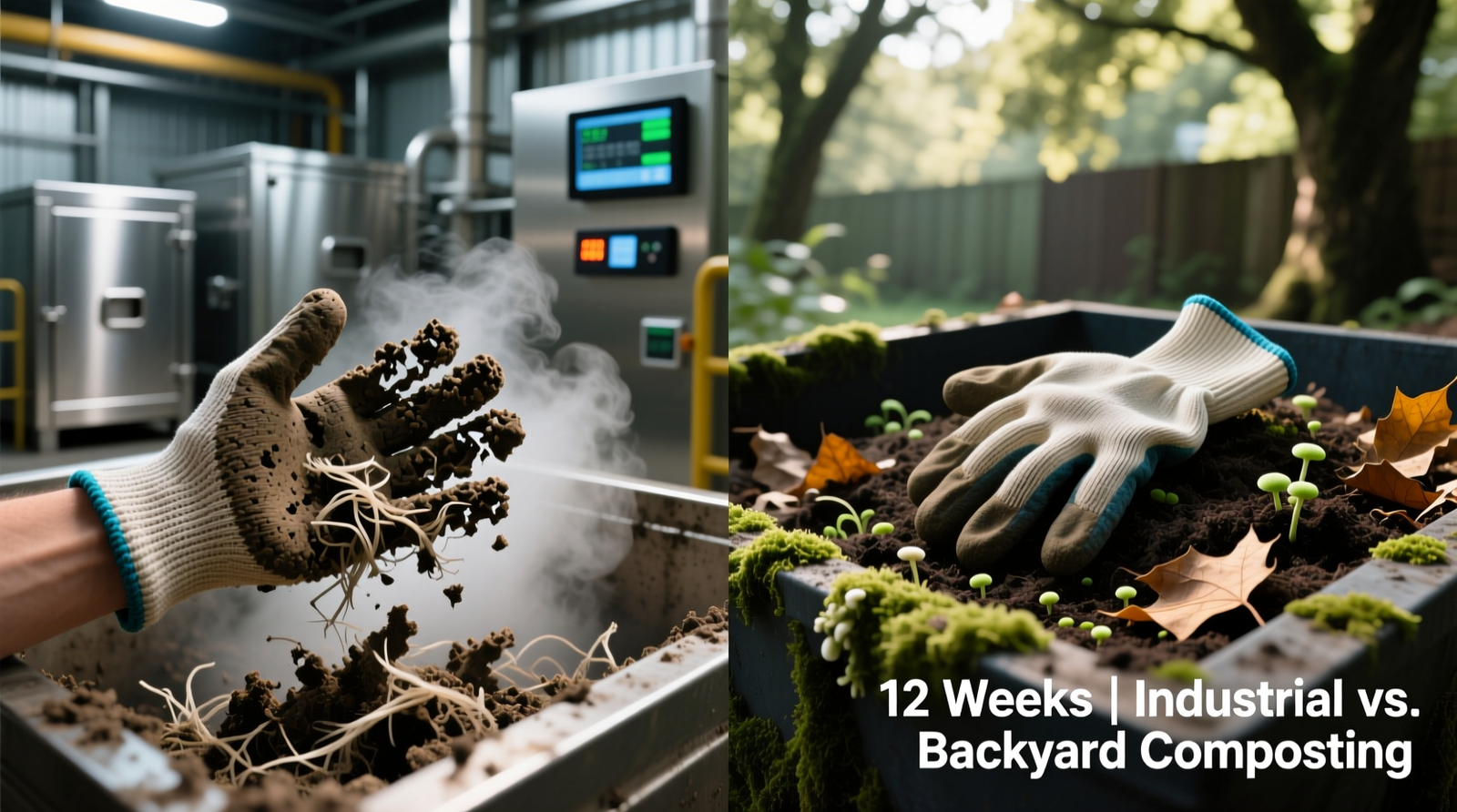 Side-by-side comparison: a certified industrial-compost glove fragmenting cleanly in a high-heat facility versus the same glove retaining shape and elasticity in a shaded, moist backyard compost bin after 12 weeks