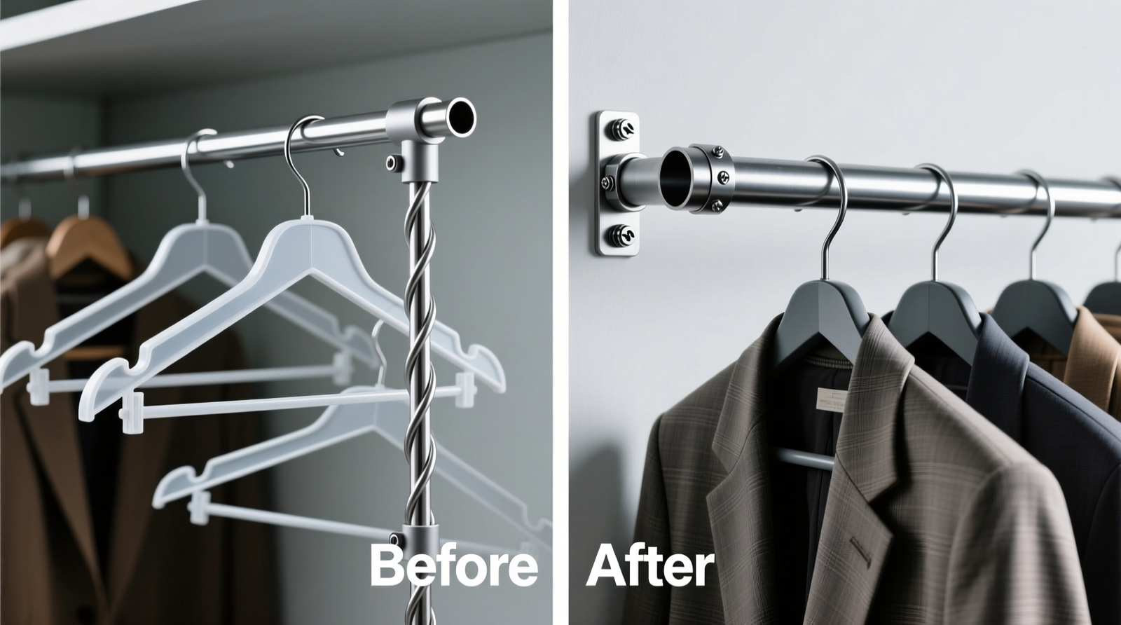 Side-by-side comparison: left shows a wobbling telescoping closet rod extender with hangers slipping sideways; right shows a solid steel pipe mounted 4 inches forward on heavy-duty L-brackets, with evenly spaced hangers holding structured jackets without deformation