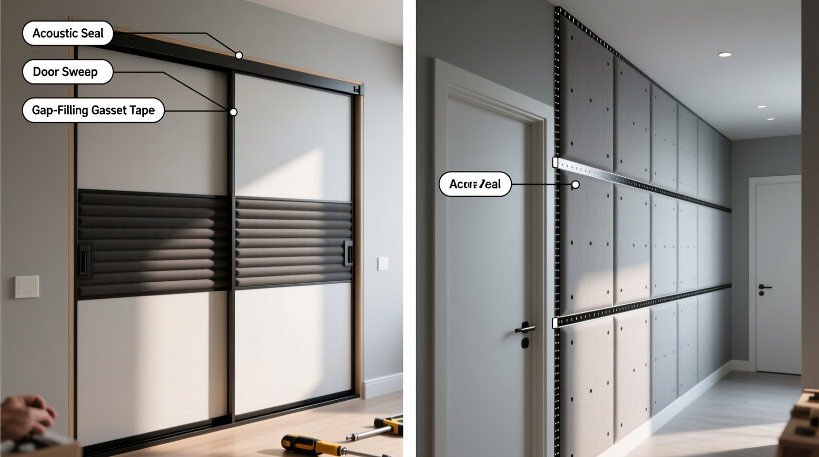 Side-by-side comparison showing soundproofing panels installed on a sliding closet door and adjacent hallway-facing wall, with labeled acoustic seals, door sweep, and gap-filling gasket tape—no visible tools or clutter