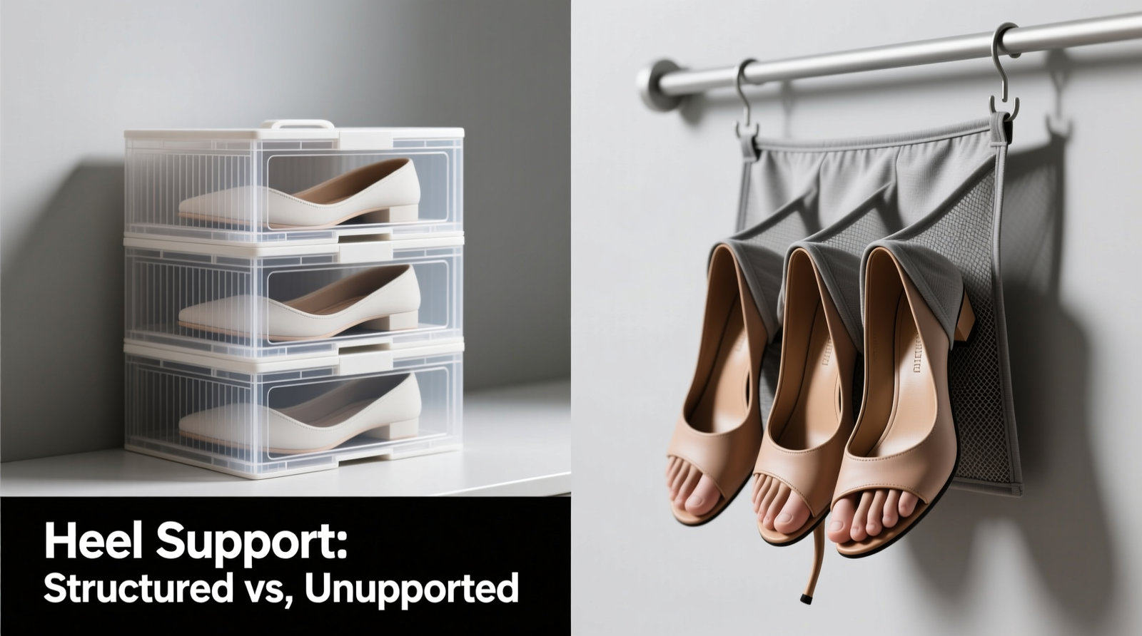 Side-by-side comparison showing a structured stackable shoe box with visible internal heel-contour ribs versus a hanging organizer with shoes dangling by their toes, highlighting the unsupported heel counter