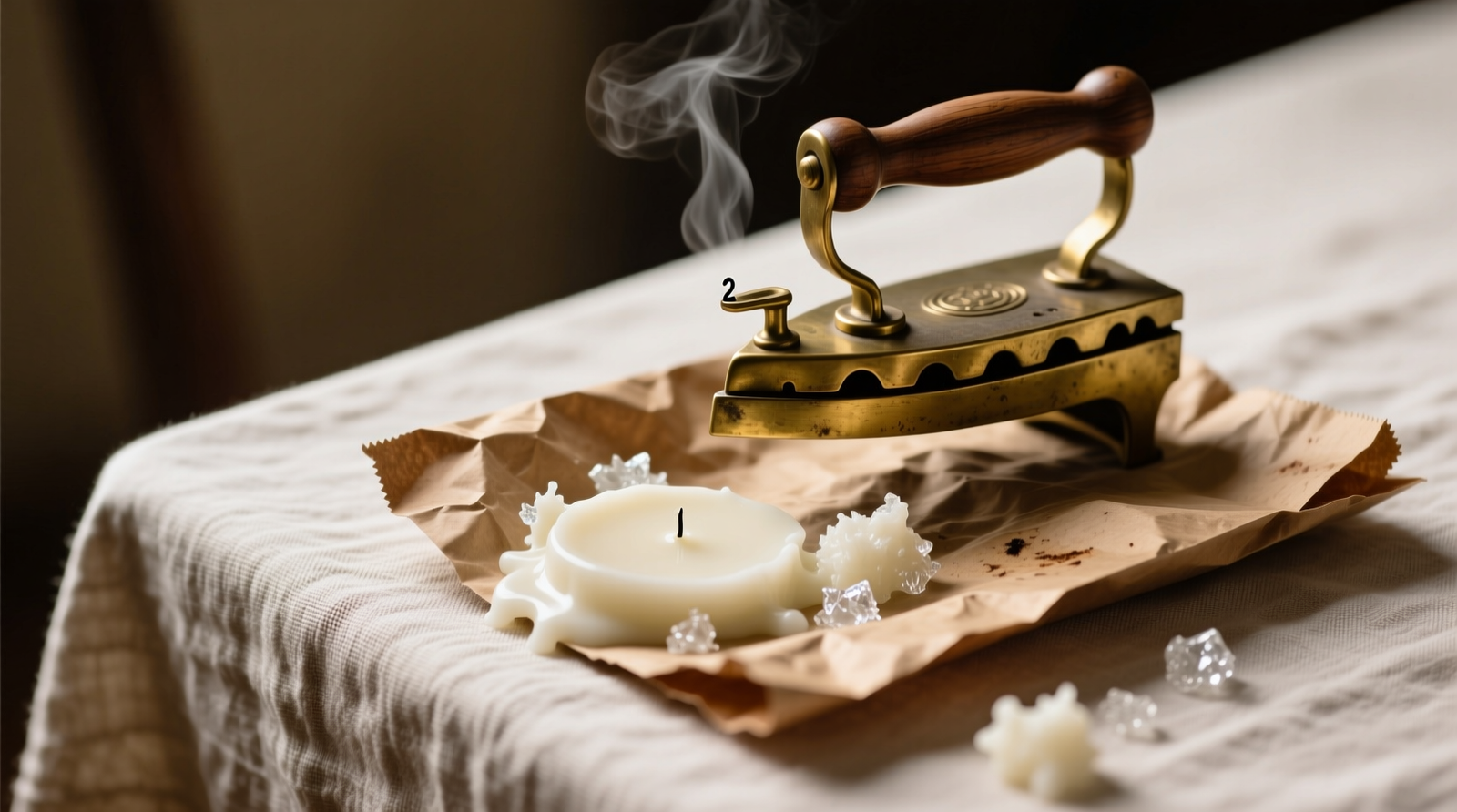 Close-up of a hand pressing a cool iron onto rice paper laid over white linen, with clean wax residue visibly absorbed into the translucent paper