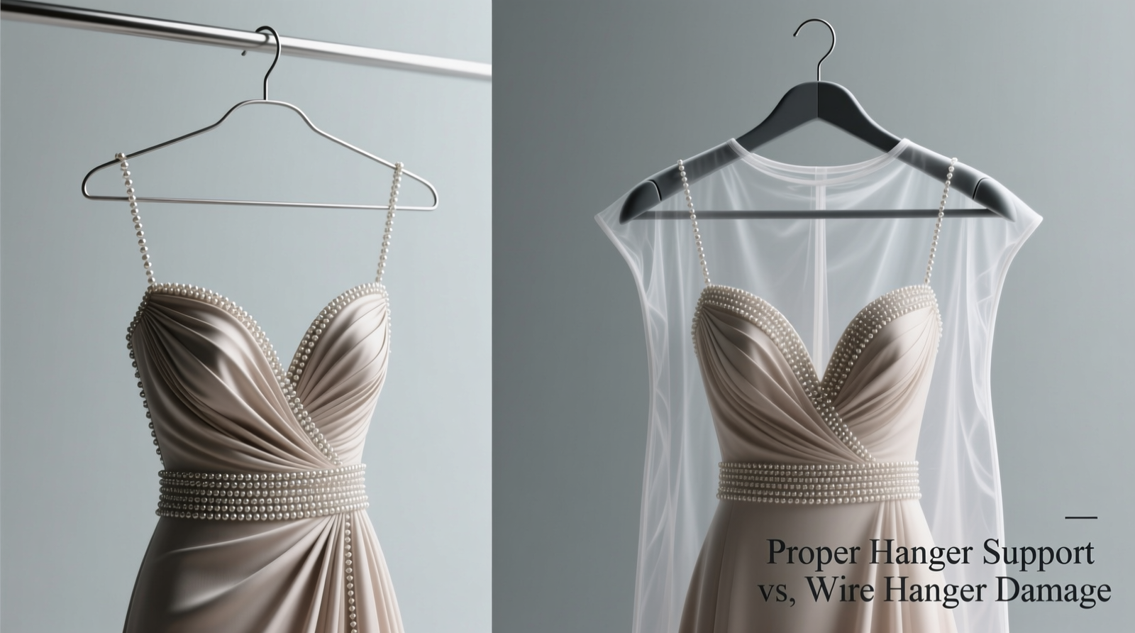 Side-by-side comparison: a beaded gown draped over a standard plastic hanger (showing visible snagging on shoulder seam) versus the same gown on a museum-grade padded hanger with cotton twill covering and smooth, rounded shoulders