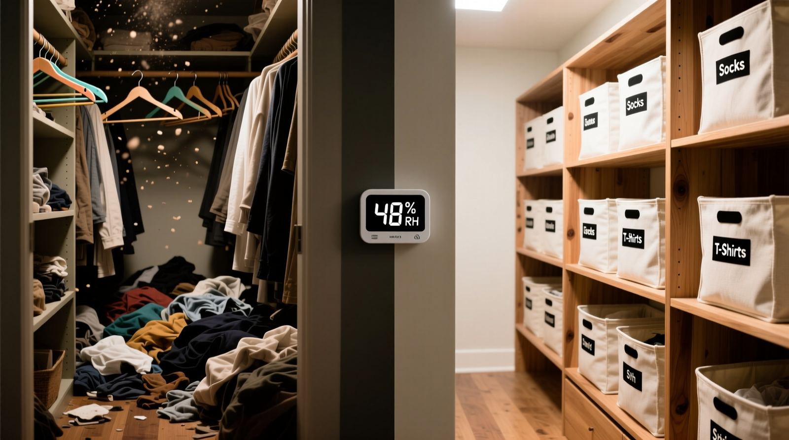 Side-by-side comparison: left shows a cluttered, dim closet with plastic bins and damp wool sweater; right shows an organized closet with open shelving, cedar-lined drawer, moisture meter reading 42% RH, and small ceramic reed diffuser placed near intake vent