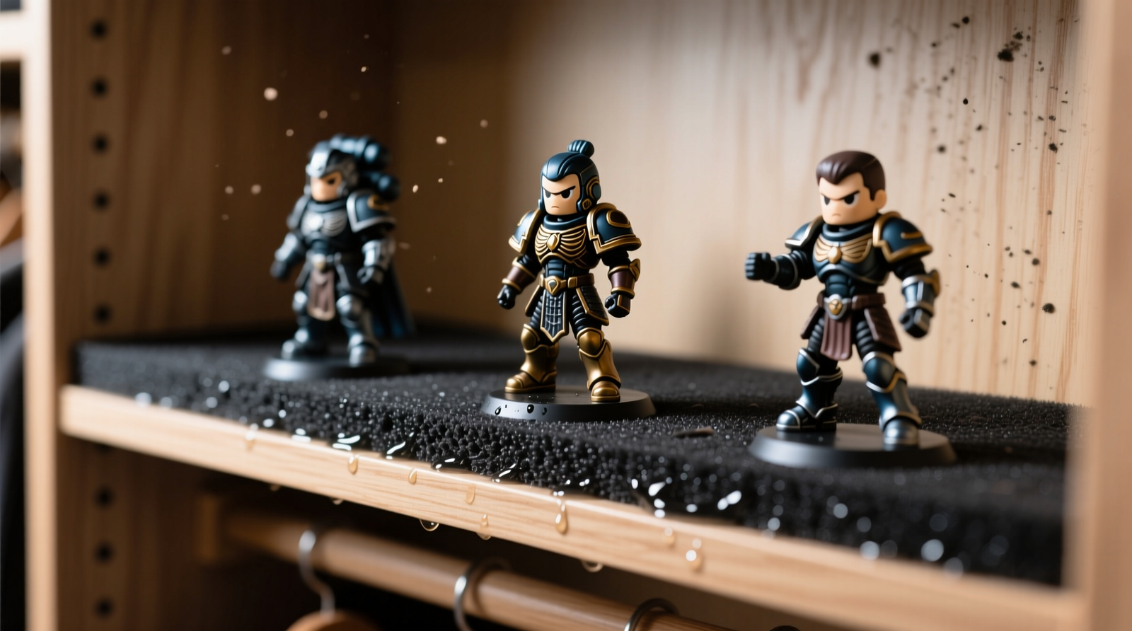 Close-up of a closet ledge with uniform black neoprene foam layer, three high-detail gaming figurines evenly spaced and aligned perpendicular to the wall, each resting stably on the dampened surface with no visible wobble or tilt