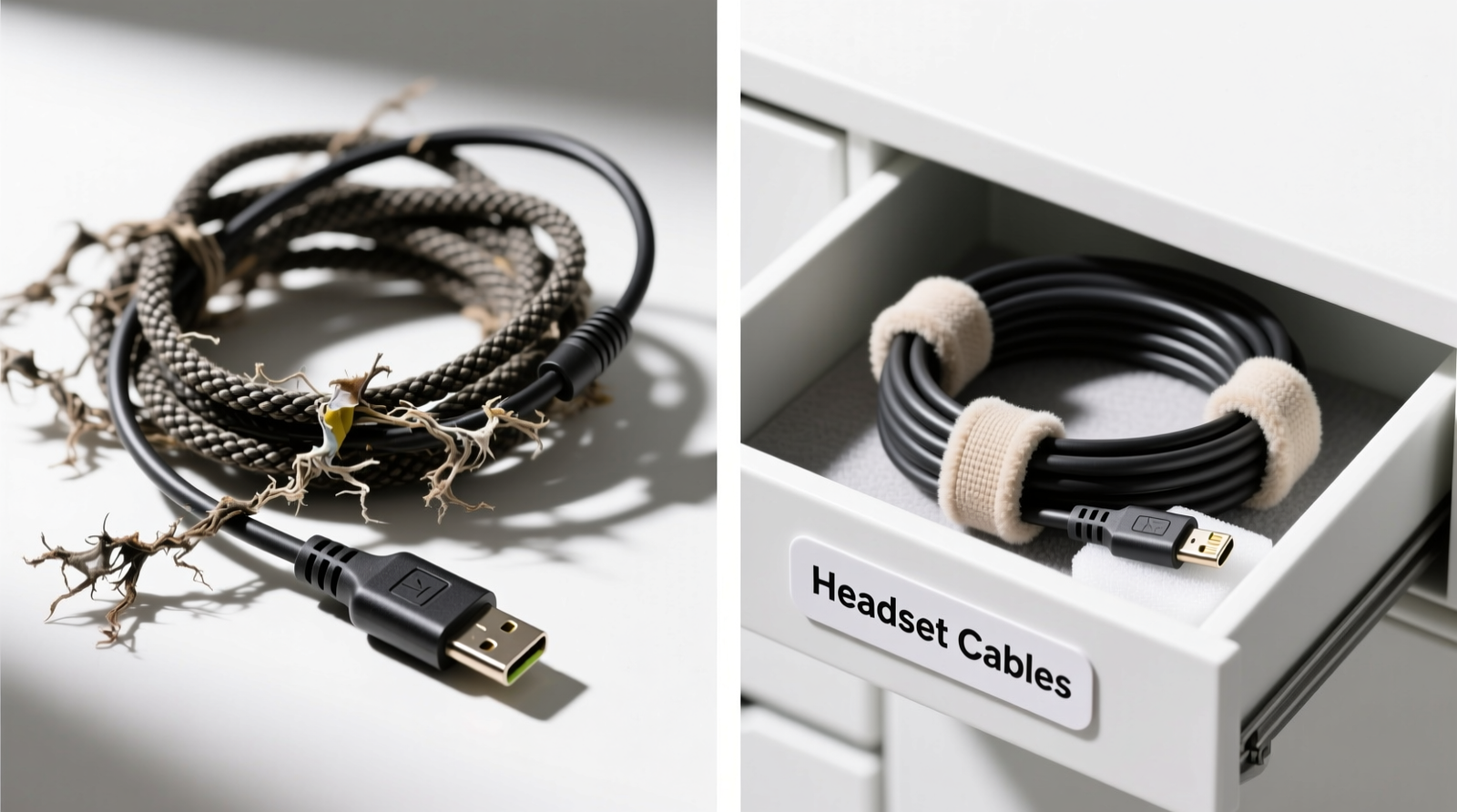 Side-by-side comparison: left shows tangled, kinked headset cable with visible strain-relief deformation; right shows neatly coiled over-under cable secured with soft velcro straps inside shallow labeled drawer bin, plug end elevated and fully supported