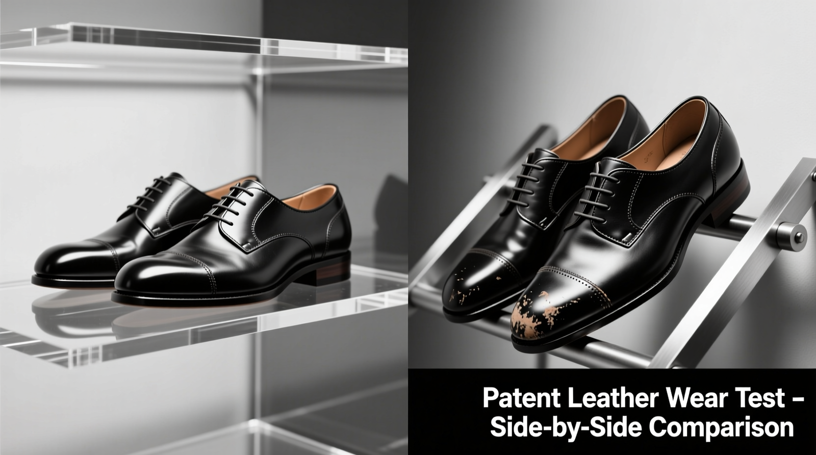 Side-by-side comparison: patent leather oxfords resting flat on clear acrylic shelves versus identical pairs tilted forward on metal angled racks, highlighting visible toe scuffs on the angled pair and pristine finish on the horizontal pair