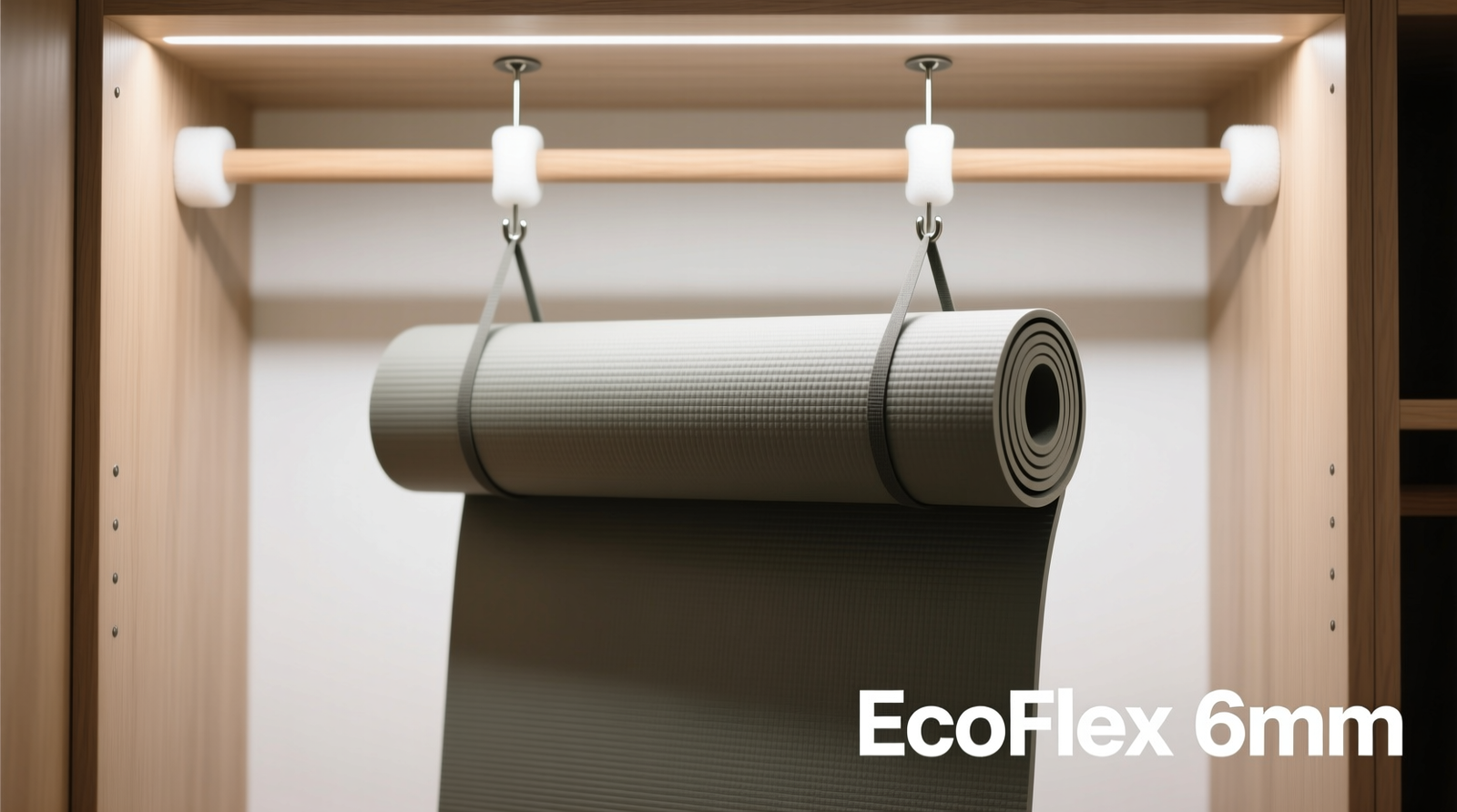 Close-up of a 6mm-thick yoga mat rolled and suspended vertically on two foam-sleeved, tension-mounted pegs inside a 22-inch-wide closet; mat hangs cleanly with no floor contact, no curling edges, and 0.75-inch clearance on either side