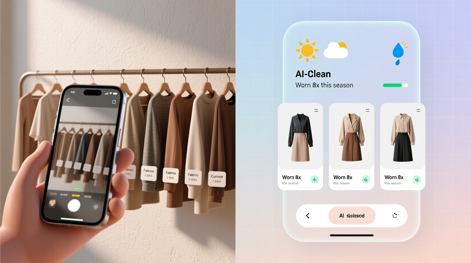 Side-by-side comparison: left shows a smartphone scanning a neatly hung row of 12 curated tops against a neutral wall; right displays the app interface showing three AI-generated outfit combinations, each labeled with weather-appropriate icons and wear frequency stats