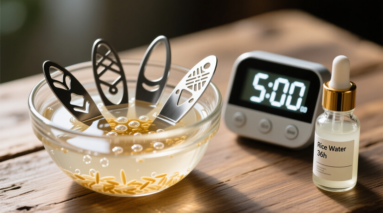 Close-up photograph of stainless-steel nail art stencils submerged in clear, slightly cloudy fermented rice water inside a glass bowl, with a digital timer showing 5:00, beside a small glass dropper bottle labeled 'Rice Water 36h'
