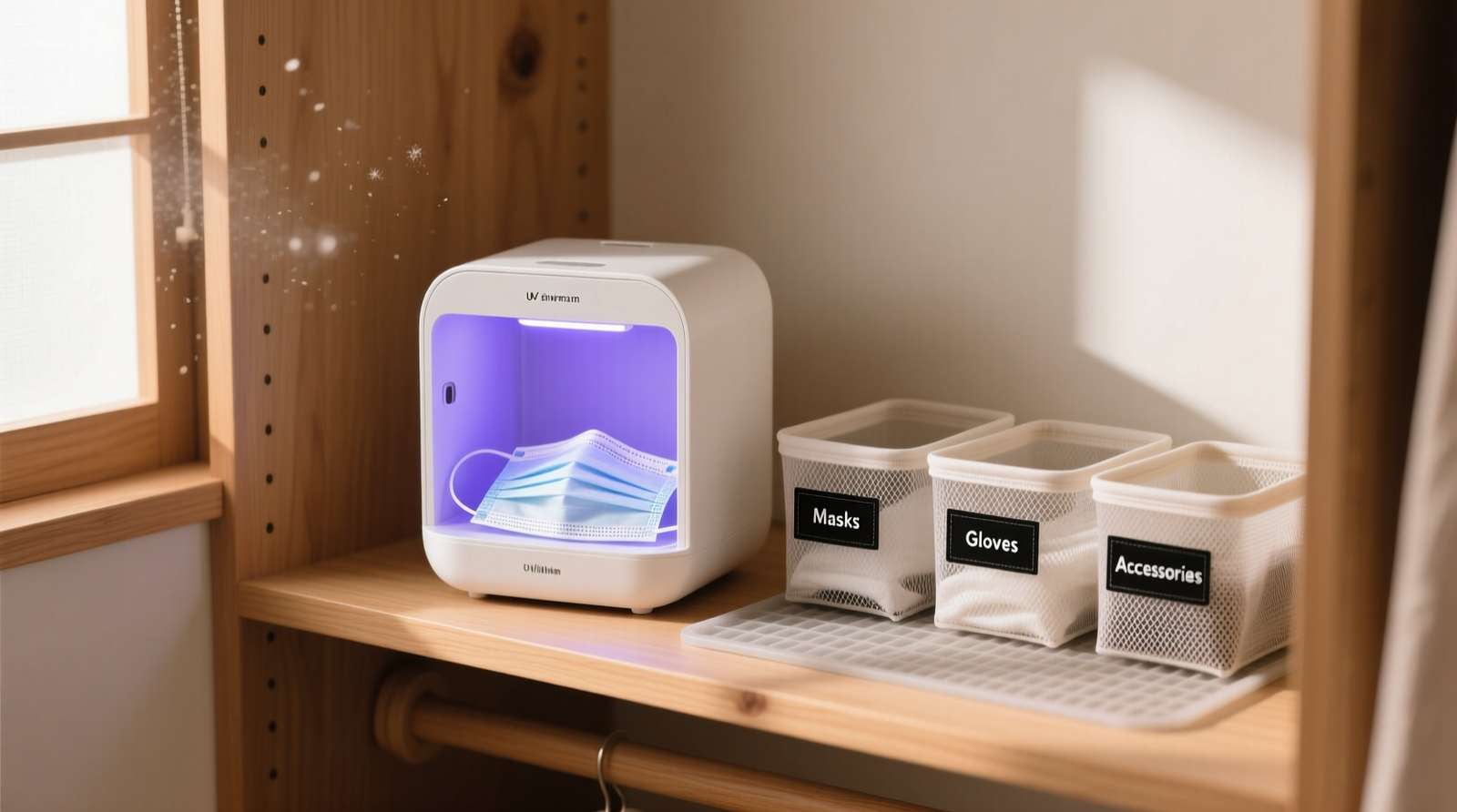 A minimalist closet interior showing a compact white UV sanitizer placed on a wooden shelf beside labeled mesh bins and a small silicone mat; a cloth mask lies flat inside the open sanitizer chamber with visible UV lamp glow