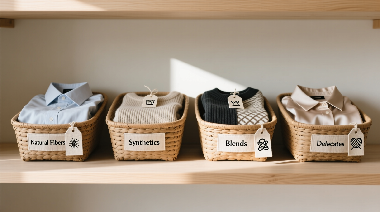 Four labeled, shallow woven baskets on a clean wooden shelf: Natural Fibers (linen tag), Synthetics (polyester icon), Blends (interlocking rings), Delicates (silk icon). Each basket holds garments folded uniformly, with visible care symbols on small linen tags.