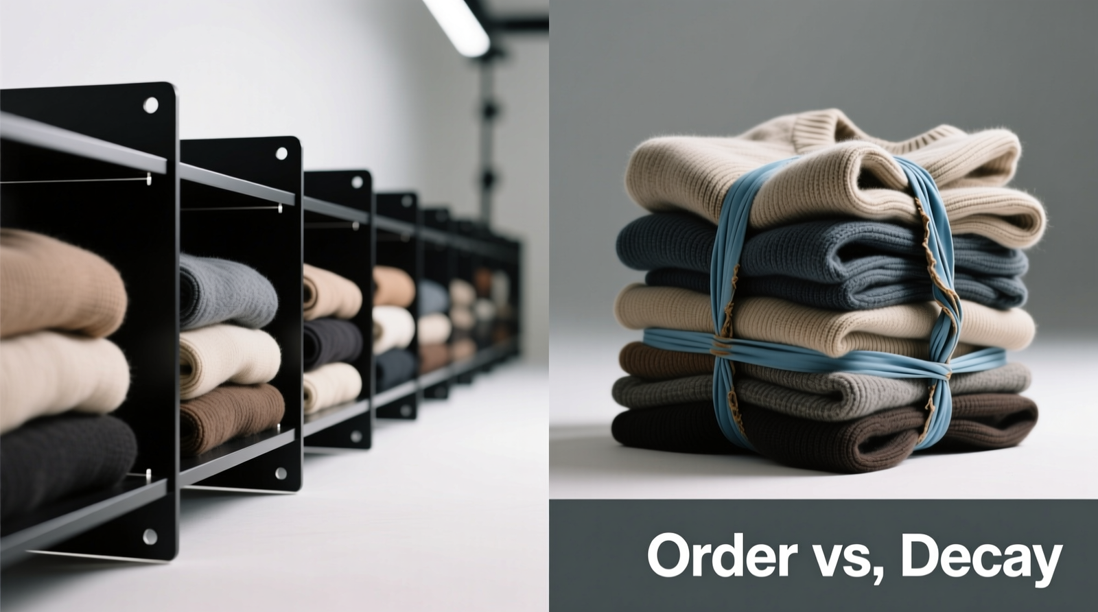 Side-by-side comparison: left shows neatly stacked towels secured by black metal-reinforced shelf dividers on a white shelf; right shows same towels loosely bound by blue elastic straps, with top layer visibly leaning and slipping