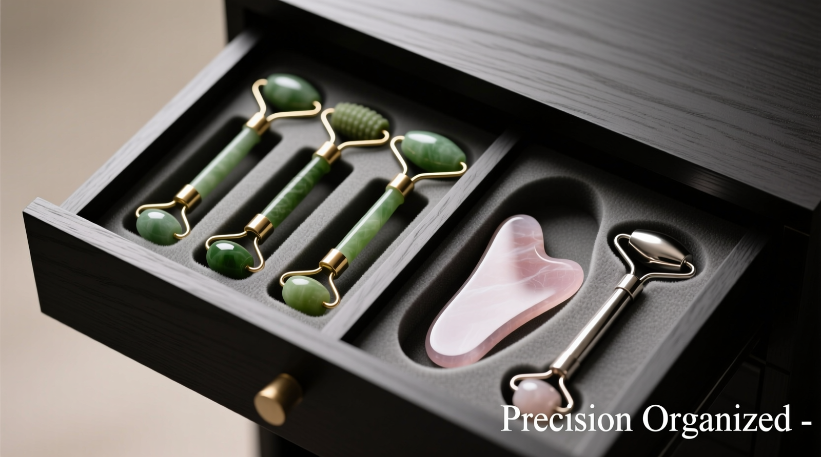 Top-down view of a custom drawer insert holding three jade rollers horizontally in snug, foam-lined slots, one rose quartz gua sha lying flat in a wider tapered compartment, and a stainless steel roller nestled beside it—each tool fully immobilized with zero contact between pieces