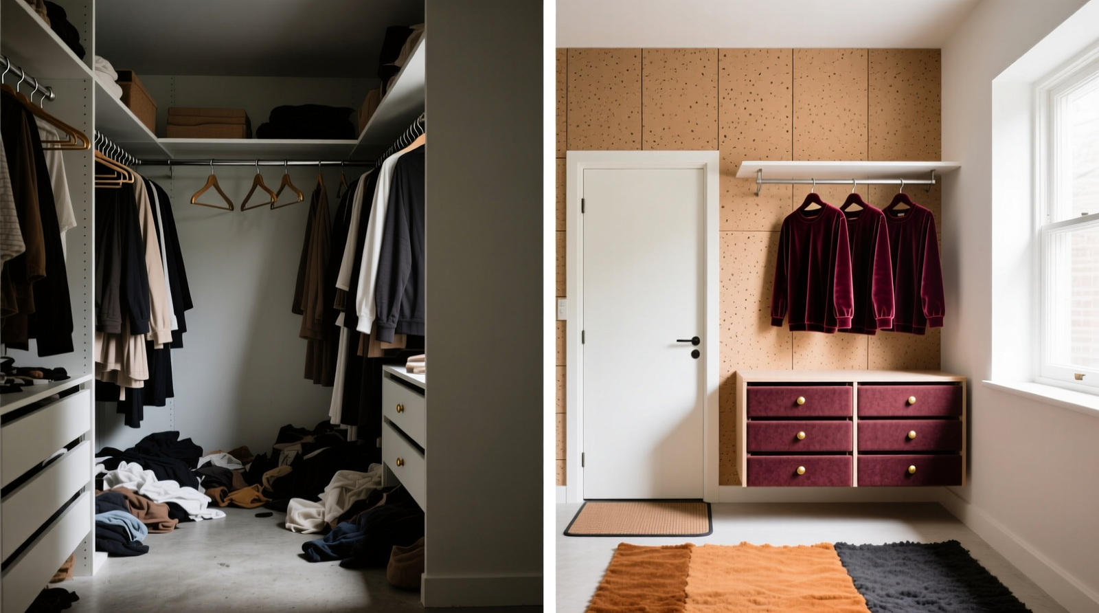 Side-by-side comparison: left shows cluttered closet with metal hangers and bare floor; right shows same space with cork-lined walls, velvet hangers, felt-lined drawers, and layered wool rug beneath a non-slip mat