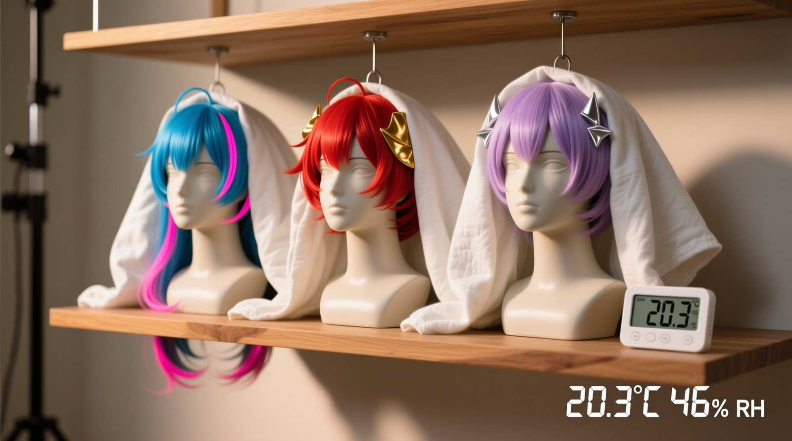 Close-up of a resin mannequin head mounted via two stainless steel screws into a wall-mounted L-bracket inside a standard-depth closet; wig is fully styled, fibers undisturbed, no visible tilt or strain