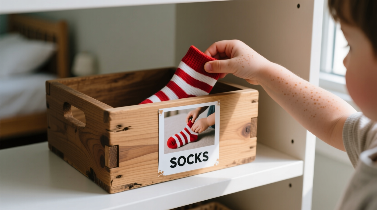 A child-sized closet with three labeled fabric bins at waist height: one showing a photo of striped socks folded inside, another displaying a sunhat and goggles, third featuring a pair of muddy hiking shoes—all labels laminated, centered, and mounted at 32 inches from floor