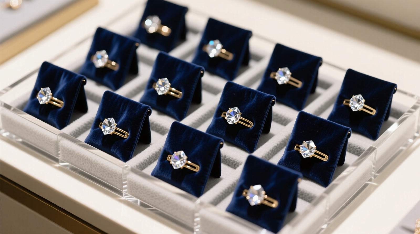 Overhead view of a shallow acrylic drawer divider tray filled with upright navy velvet pouches, each containing a crystal hair clip; foam padding visible beneath, with soft lighting highlighting undisturbed crystal facets