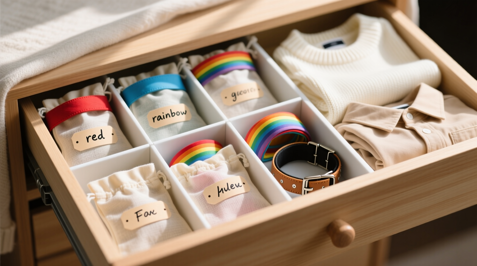 A neatly organized shallow drawer with labeled muslin pouches containing colorful pet bandanas and collars, separated from adjacent compartments holding light-colored clothing—no shared surfaces or overlapping fabrics visible