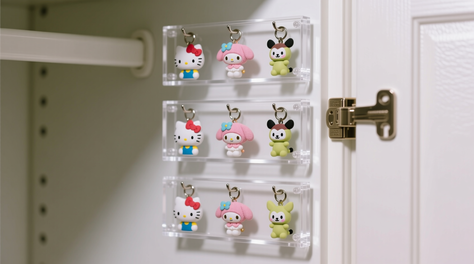 Close-up of three clear rotating acrylic keychain displays mounted vertically on the interior of a white closet door, each holding five Sanrio keychains—including Hello Kitty, My Melody, and Keroppi—with visible spacing between hooks and no overlapping charms.