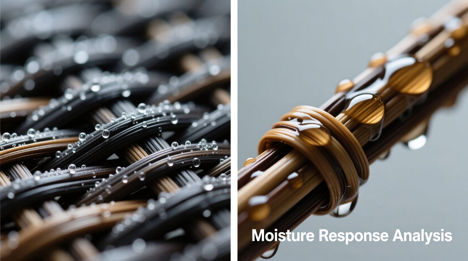 Side-by-side macro photography: left shows properly misted rattan fibers with uniform matte darkening and intact weave geometry; right shows overwet rattan with visible fiber bloating, localized gloss, and subtle buckling at a corner joint