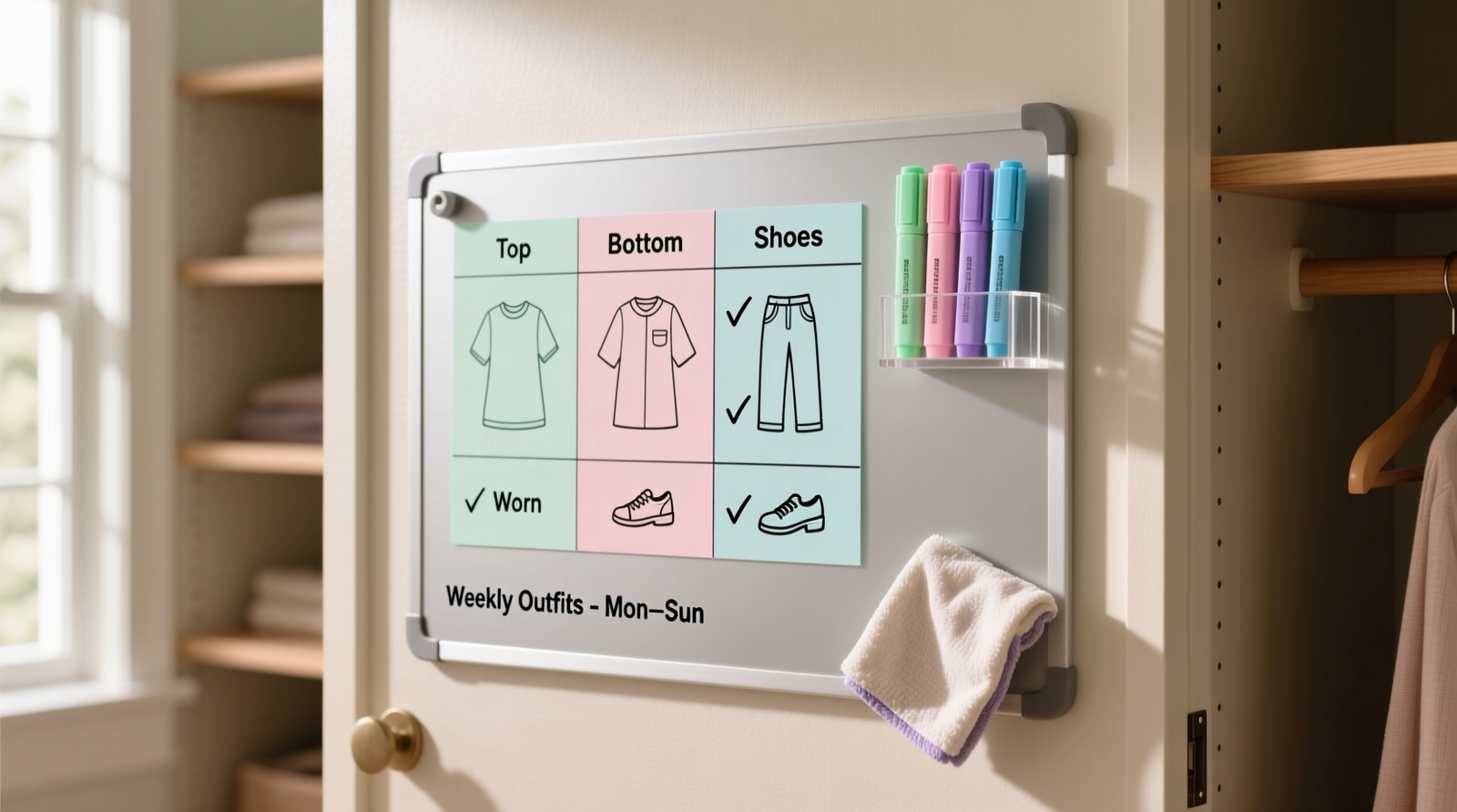 A clean, matte-finish magnetic dry-erase board mounted inside a closet door, with neatly arranged pastel dry-erase markers, a small microfiber cloth, and three lightly sketched weekly outfit grids—each showing tops, bottoms, and shoes with checkmarks for worn items