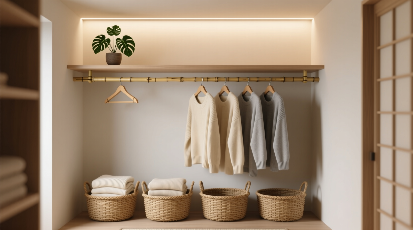 A minimalist closet interior: neutral walls, uniform velvet hangers, garments sorted by category and color, with a sleek white noise speaker mounted discreetly on the wall just outside the doorframe—its soft LED glow visible, cord hidden behind trim