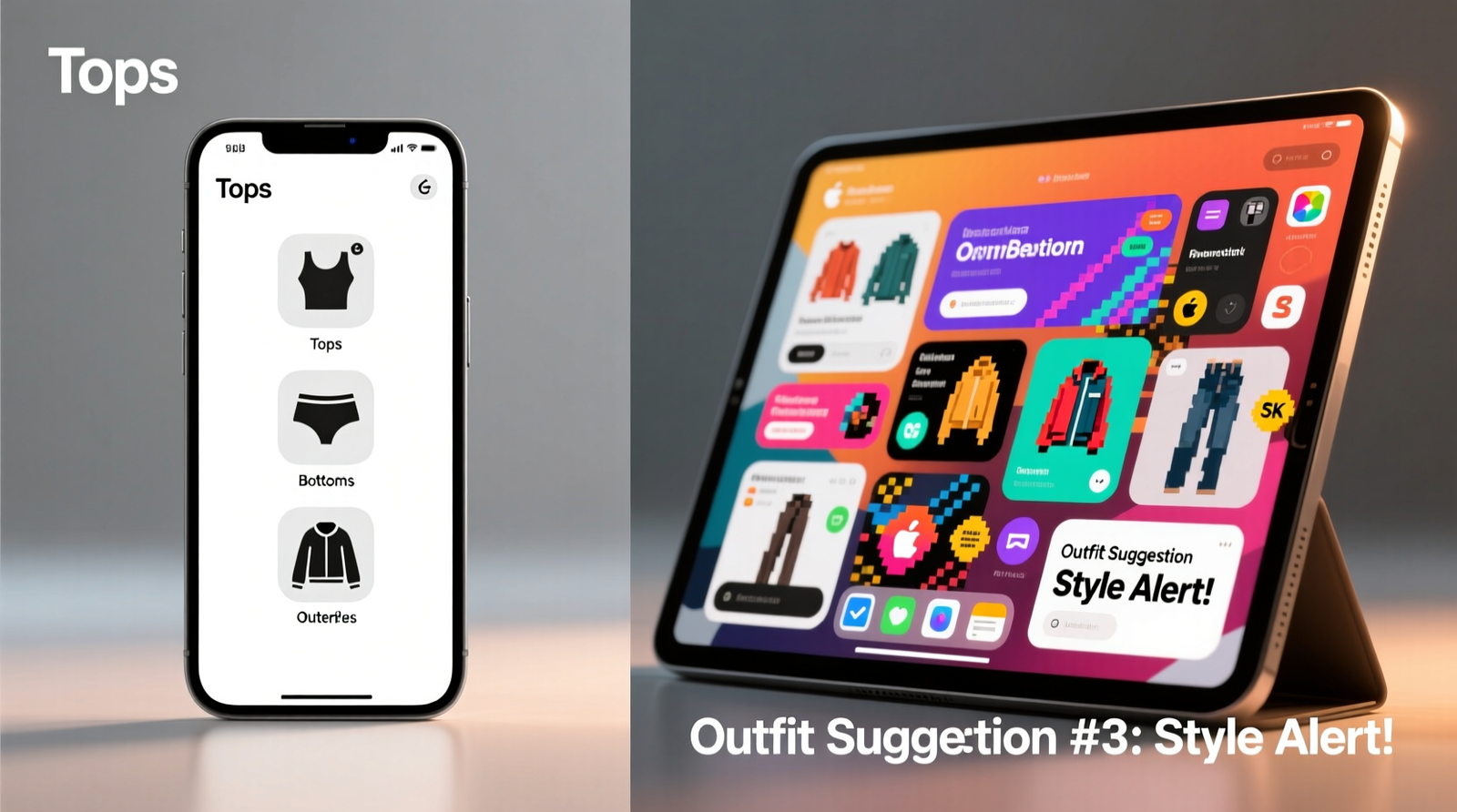 Side-by-side comparison: left shows a minimalist smartphone screen displaying only three wardrobe categories (Tops, Bottoms, Outerwear) with clean icons and zero notifications; right shows a cluttered tablet interface overflowing with banners, badges, and unsolicited outfit suggestions