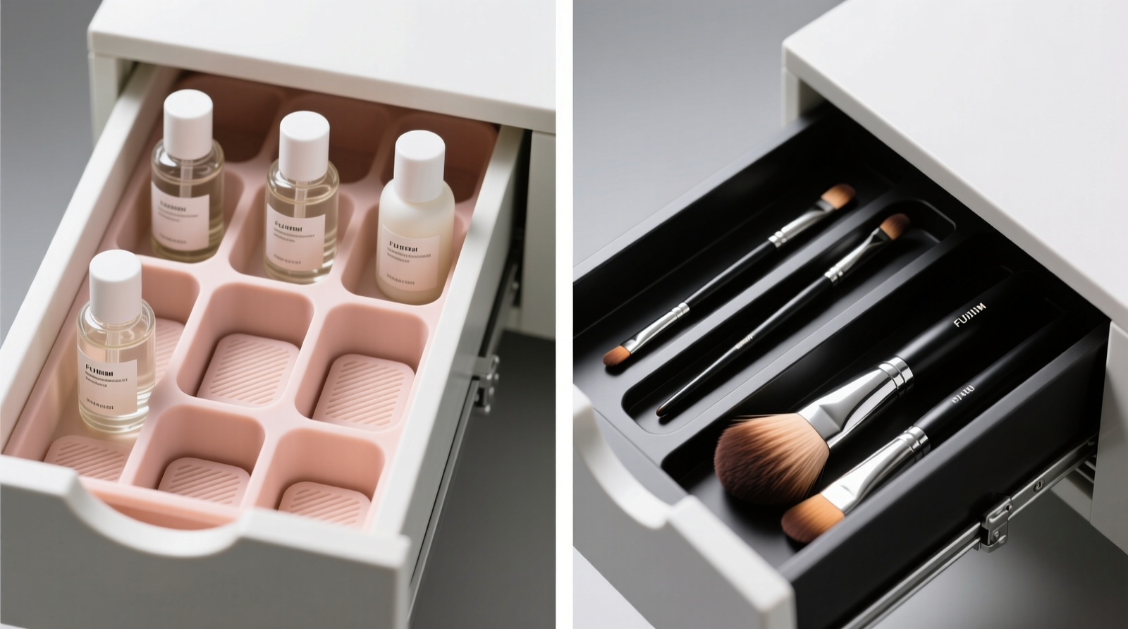 Side-by-side comparison of two identical dresser drawers: left shows vertical silicone-base compartments holding upright skincare bottles with caps secured; right shows angled, narrow slots holding makeup brushes with ferrules fully supported and bristles suspended freely