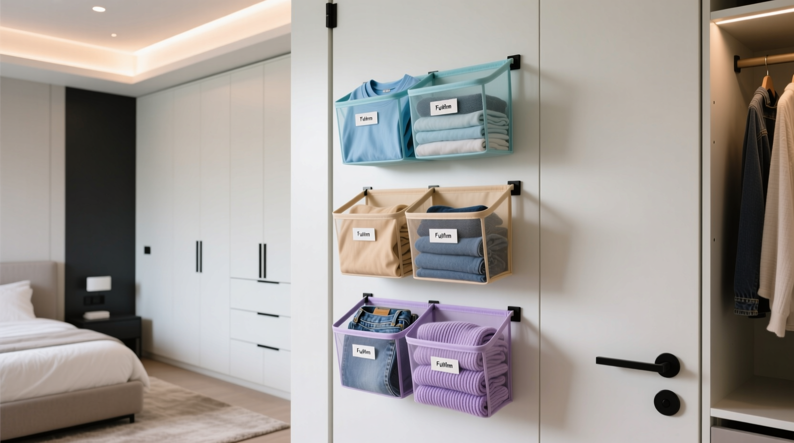 Three-tier hanging laundry sorter mounted inside a modern closet door, with labeled, color-coded mesh compartments holding folded t-shirts, jeans, and delicate knits—clean, accessible, and fully integrated into the morning dressing zone