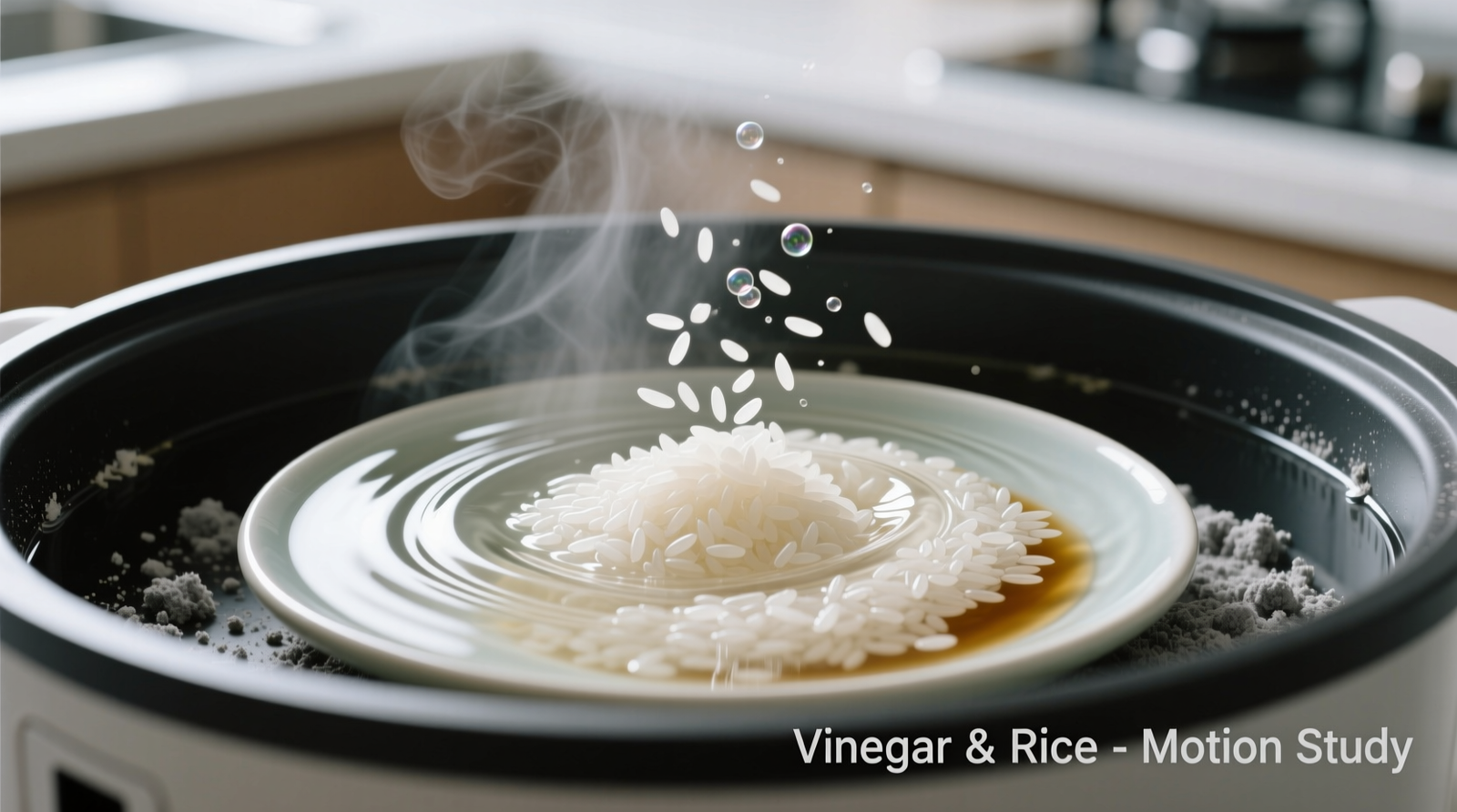 Close-up photo of white rice grains swirling in clear vinegar inside an open ultrasonic diffuser water tank, with visible residue lifting from the ceramic plate beneath
