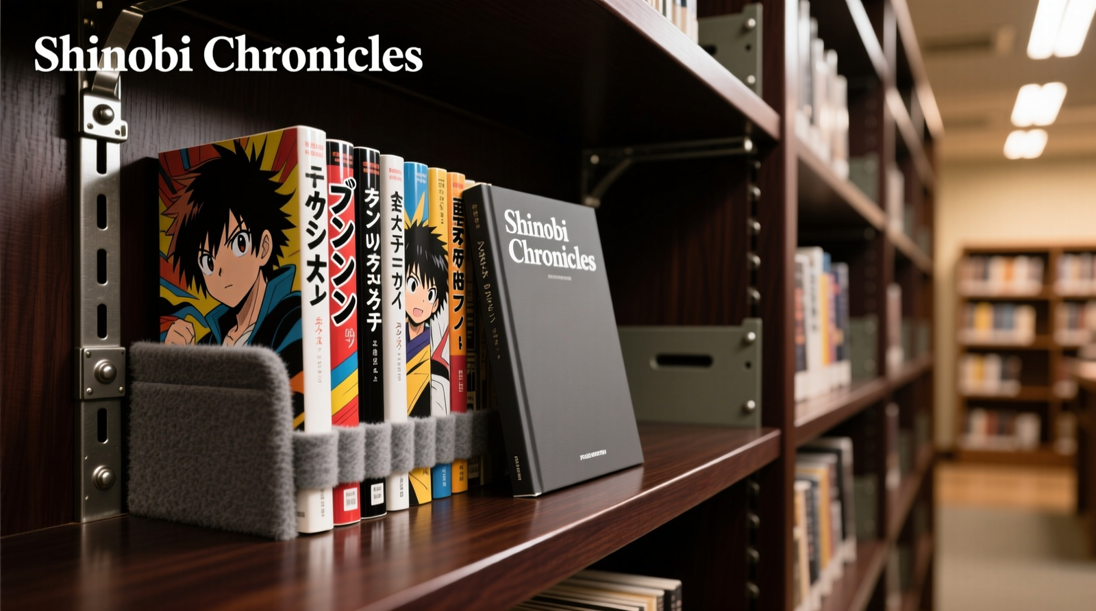 Close-up of vertically aligned manga volumes with felt-lined book stops and a single flat-stacked anime art book on a deeper, reinforced shelf—shelves mounted flush to wall studs with visible bracket hardware