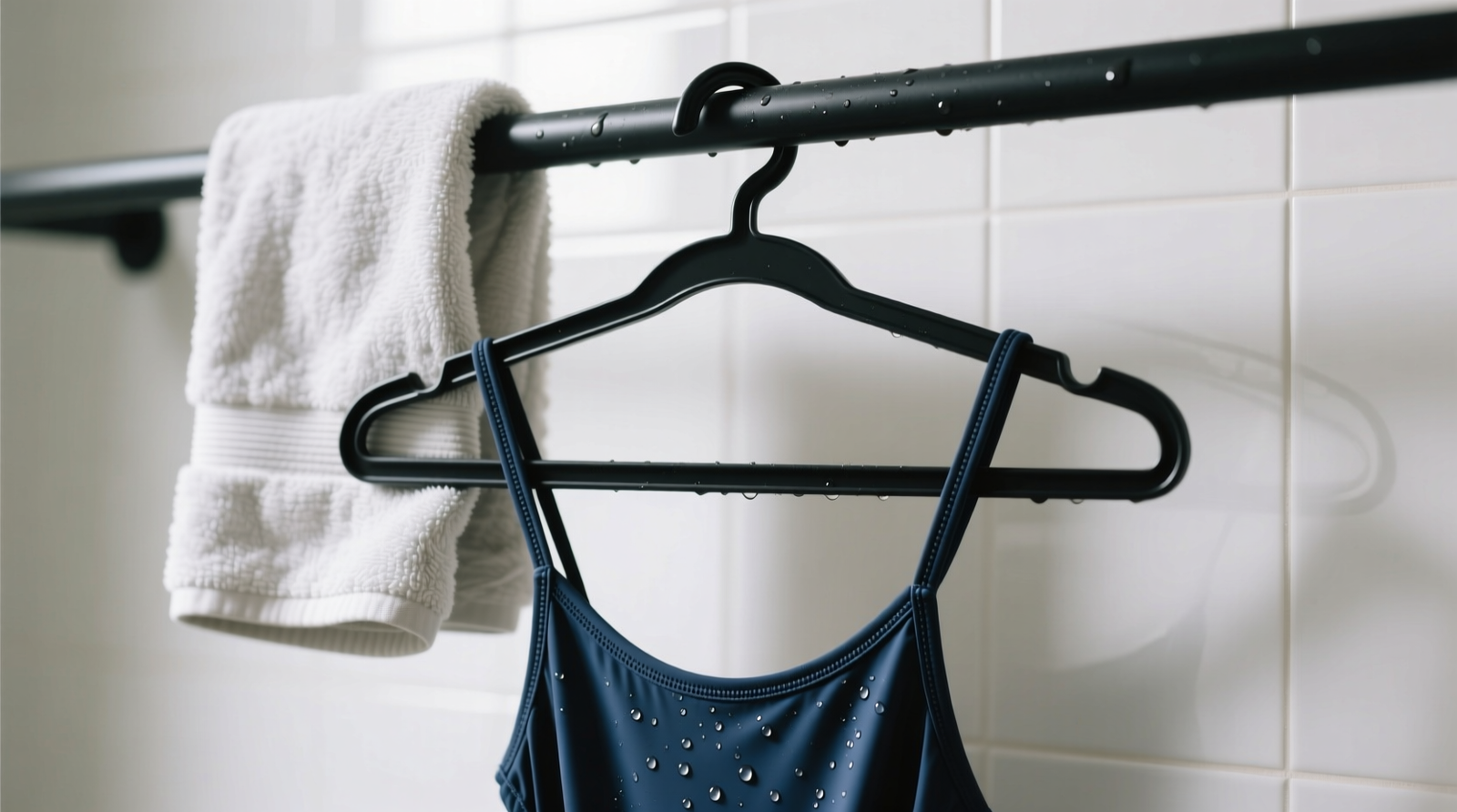 Close-up of a slim, non-slip hanger with a folded 12-inch square microfiber towel looped through its base and draped evenly over the bar; a damp navy swimsuit hangs vertically centered on the bar, 4 inches clear of adjacent dry clothing