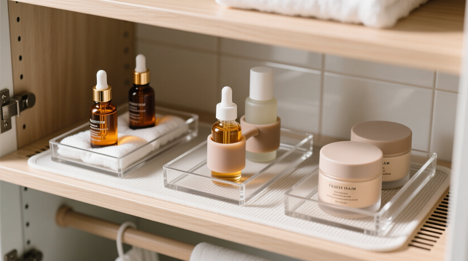 Top-down view of a closet shelf with three shallow acrylic trays: left tray holds amber glass serums upright with microfiber padding; center tray contains oil-based products secured with silicone sleeve grips; right tray stores powder masks in labeled, lidded jars—all placed on non-slip liner away from shelf edges and ventilation grilles.