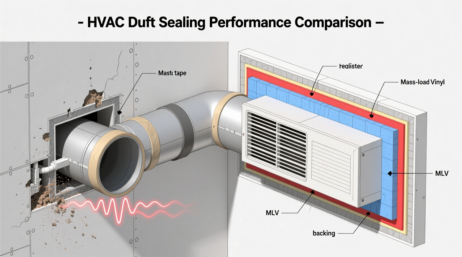 Side-by-side diagram showing unsealed HVAC duct vibrating against drywall versus same duct sealed with mastic tape and covered with insulated register and mass-loaded vinyl backing