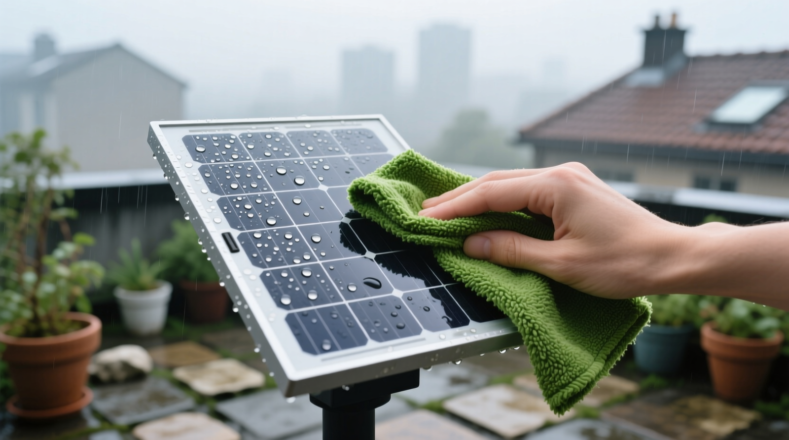 Close-up of a matte-finish solar light panel being wiped with a folded green moss cloth, droplets of rainwater glistening on its surface, with soft daylight illuminating the clean edge contrast against a slightly hazy adjacent section