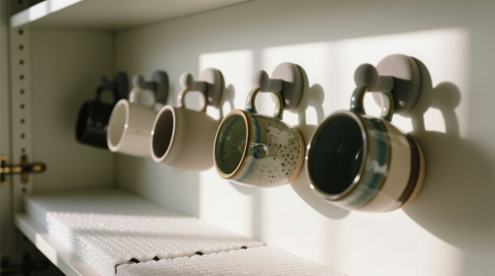 Close-up of ceramic mugs hung individually on soft-grip rubber hooks mounted vertically along a closet interior wall, with a thin closed-cell foam mat visible on the floor beneath