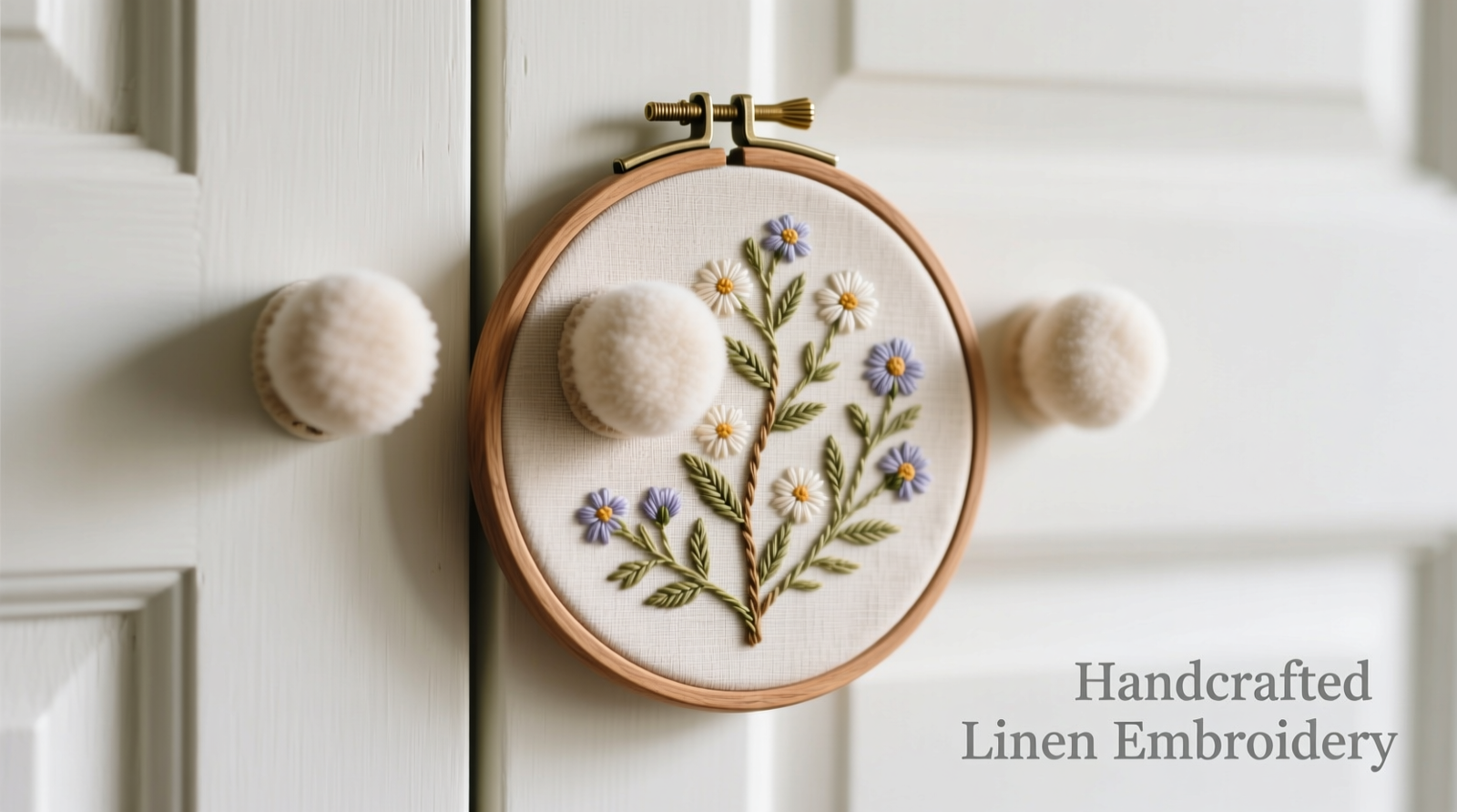 Close-up of three padded hook-and-loop strips mounted at 10, 2, and 6 o'clock positions on a white-painted closet door, securing a walnut embroidery hoop displaying linen-thread botanical embroidery—fabric fully taut, no sag or shadow