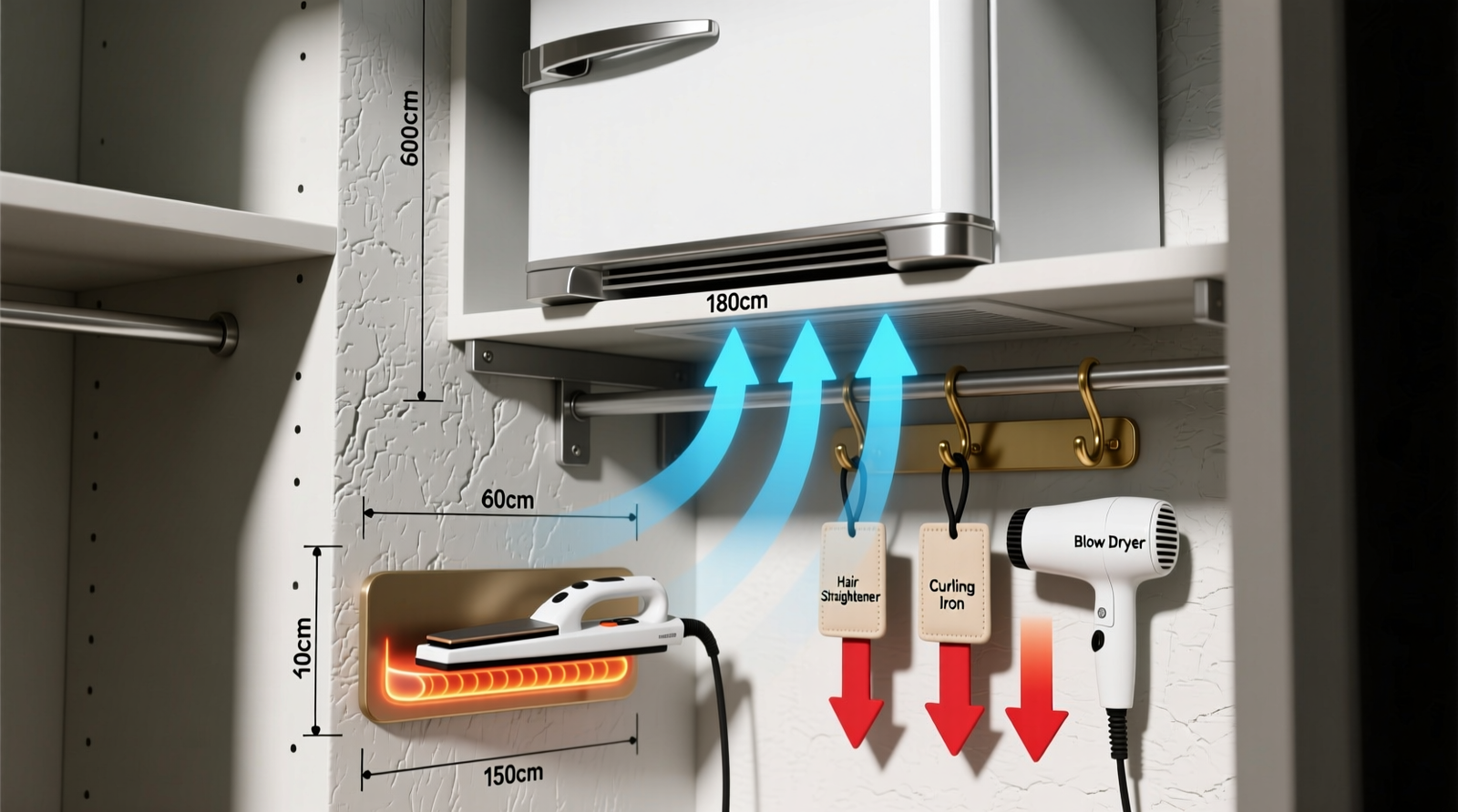Cross-section diagram of a narrow closet nook showing a compact beauty fridge mounted on an open-shelf bracket at eye level, a downward-angled heat-resistant wall mount for a flat iron beneath it, and labeled silicone-cord sleeves hanging discreetly on a nearby hook. Airflow arrows indicate upward cold draft and downward heat dissipation.