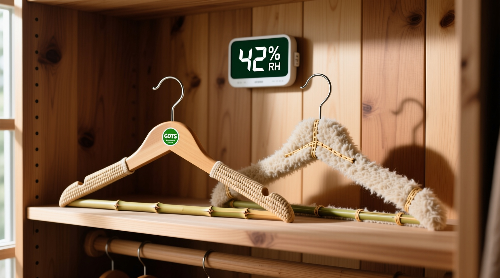 Side-by-side comparison: GOTS-certified bamboo lyocell hanger (smooth, dense grain, labeled with certification logo) next to off-brand bamboo viscose hanger (fuzzy surface, visible glue seams, no certification mark) inside a well-ventilated cedar closet with digital hygrometer reading 42% RH