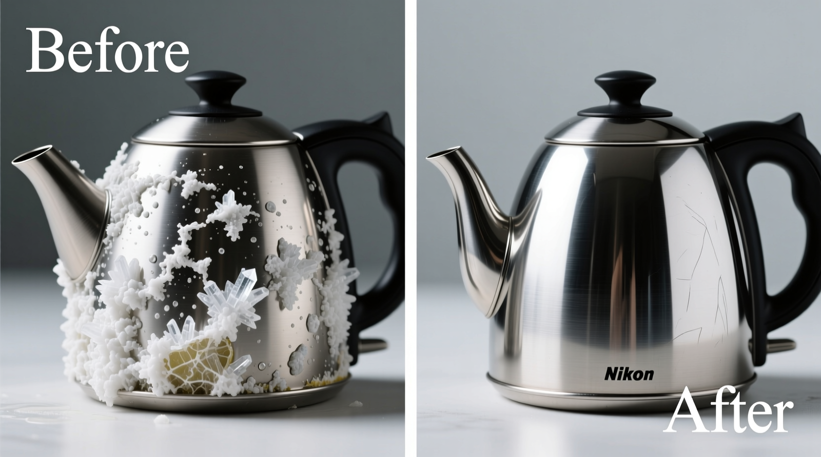 Side-by-side photos: left shows a stainless steel kettle interior with visible white limescale deposits; right shows the same kettle after lemon-baking soda treatment, with smooth, uniformly reflective surface and no residue
