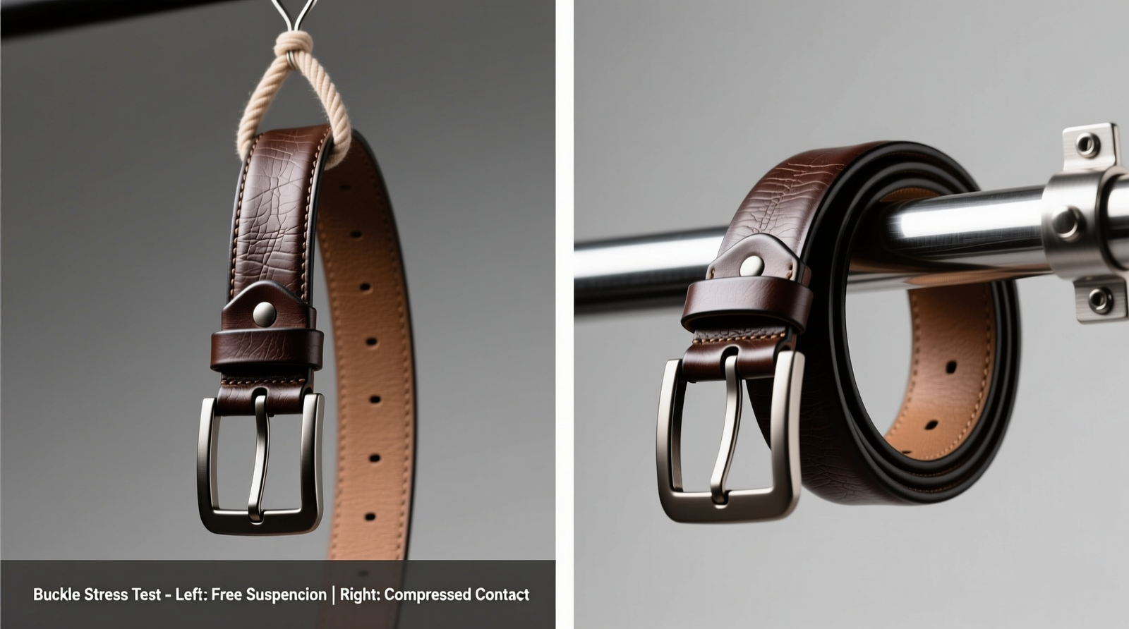 Side-by-side comparison showing a leather belt hanging vertically from a soft nylon loop hanger with buckle fully suspended and uncontacted, next to a belt tightly bent over a rigid chrome bar with buckle compressed against adjacent hardware